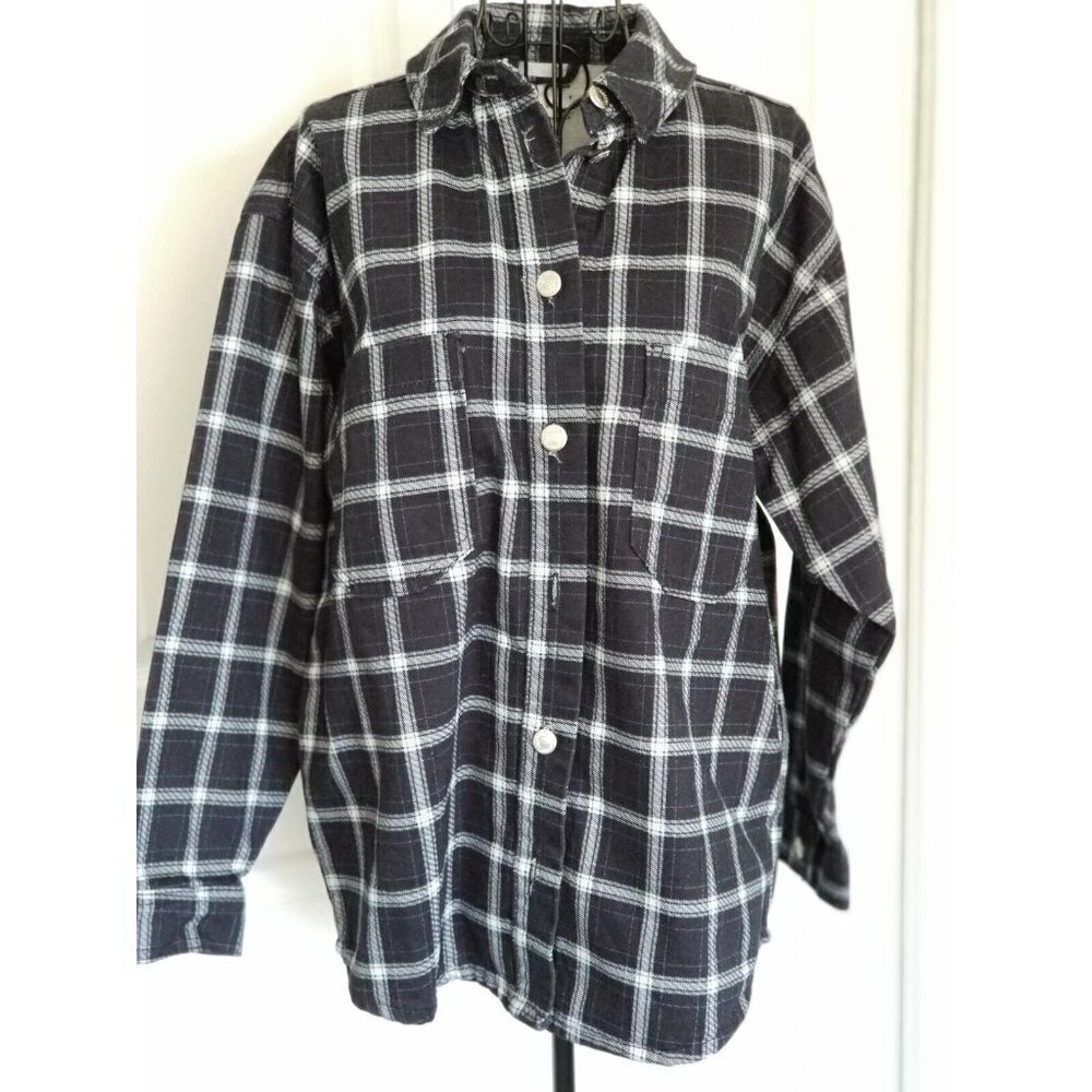 Topshop Heavy Shacket Cotton Blue Plaid Denim Button Front Oversized Womens 0-P
